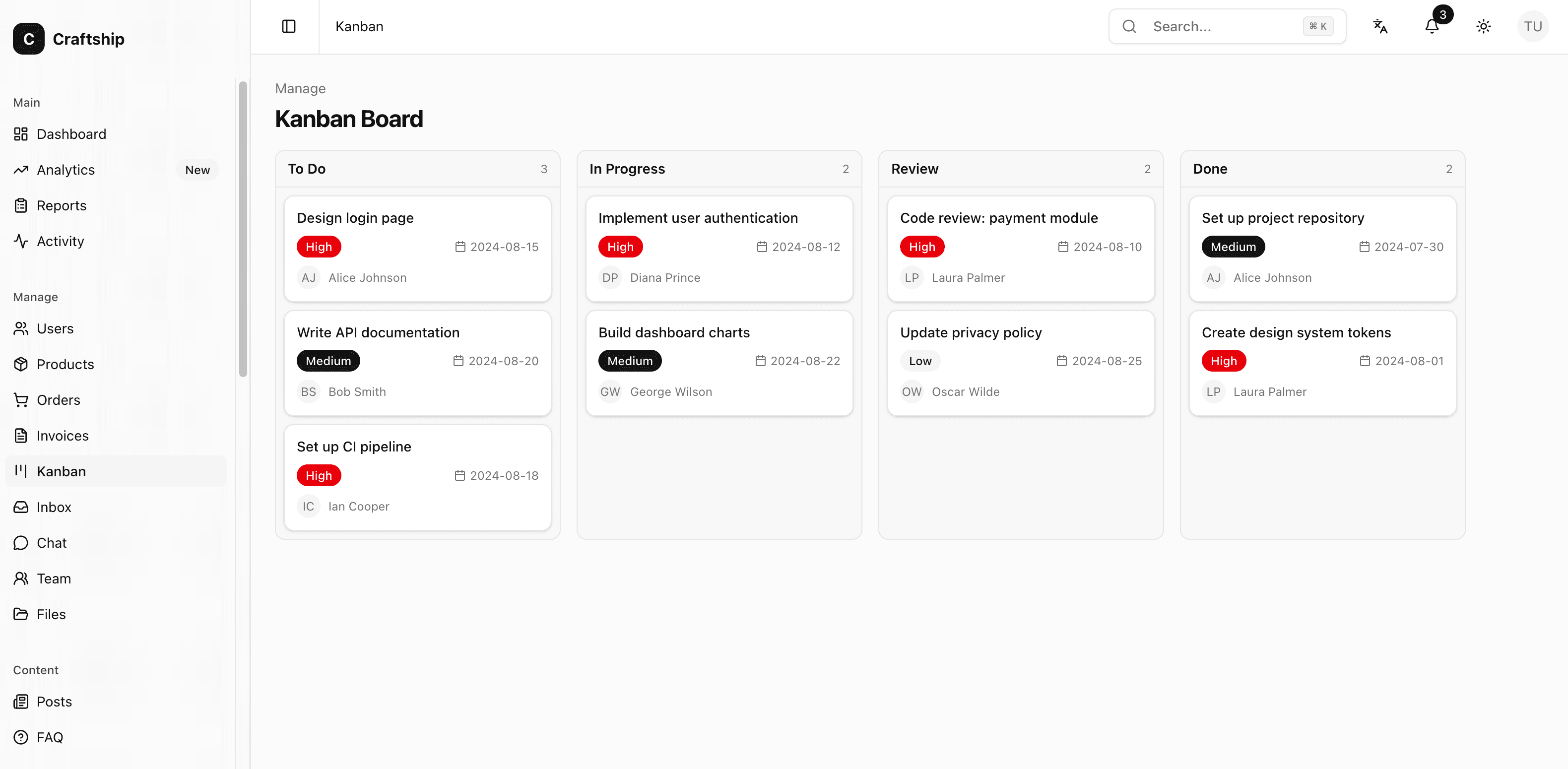 Kanban board with drag-and-drop tasks